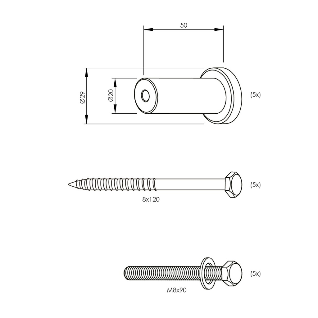 INTERSTEEL VERLENGDE RONDE STEUNEN SET TBV RAIL SCHUIFDEURSYSTEEM - 5 STUKS